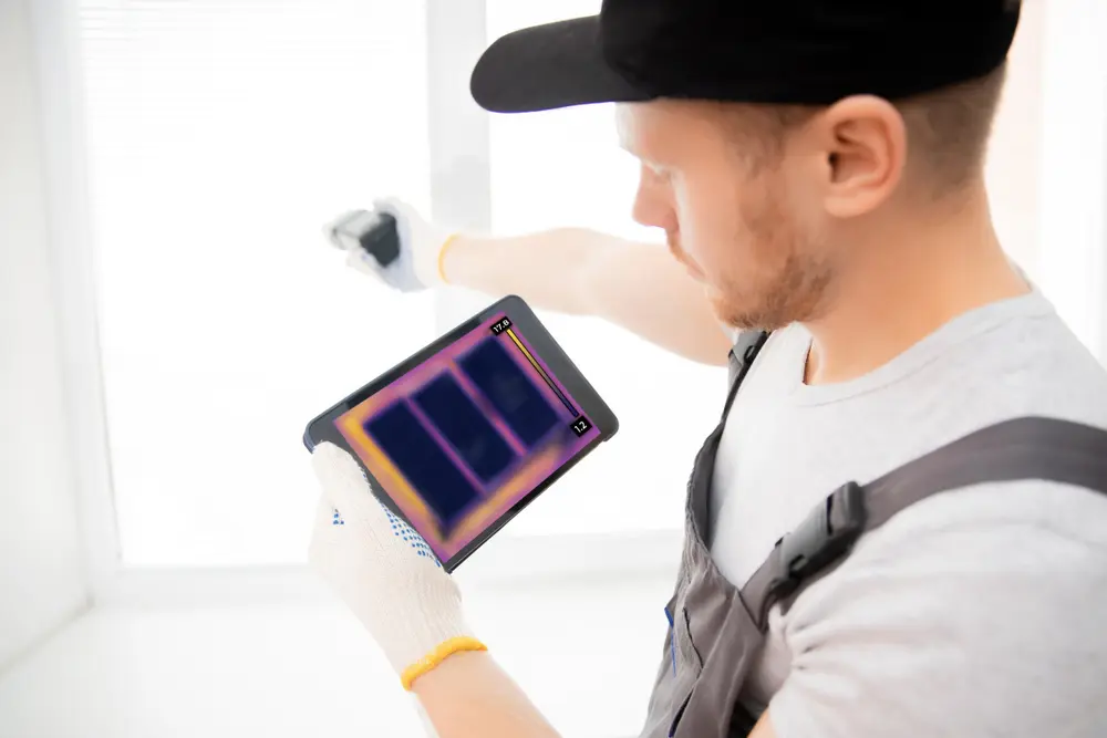 technicien réalisant un diagnostic thermique avec une caméra infrarouge pour détecter les ponts thermiques sur une paroi vitrée