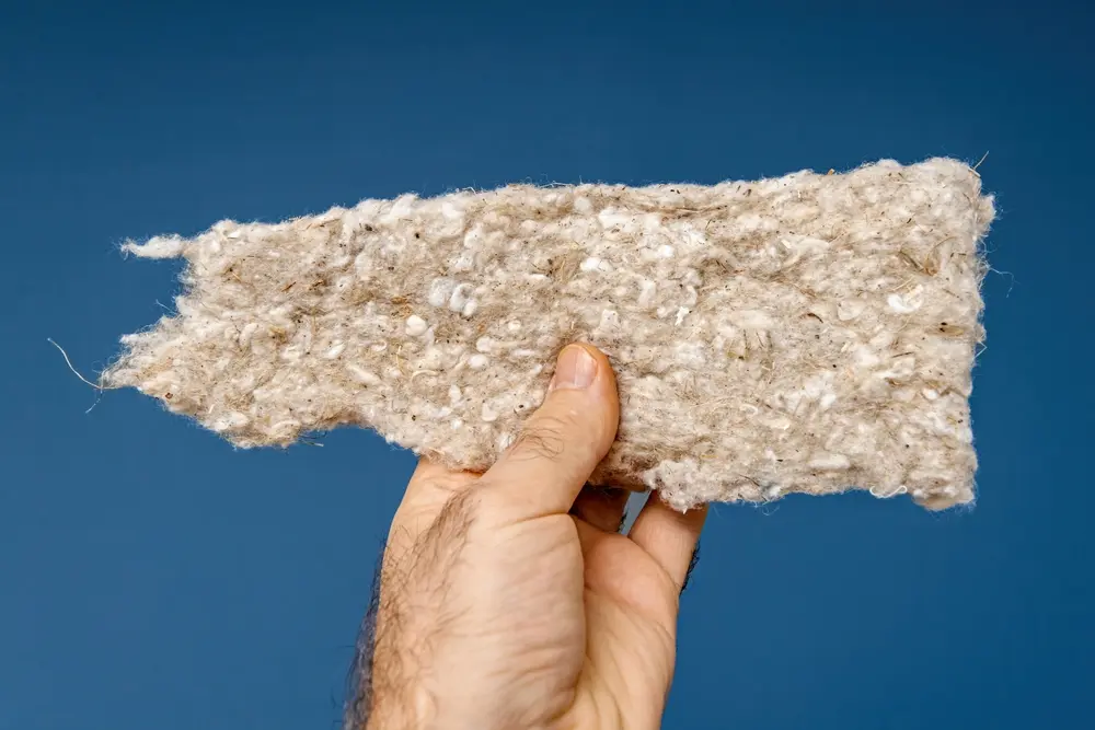 Isolant en chanvre biosourcé tenu à la main, utilisé pour l’isolation thermique et phonique écologique