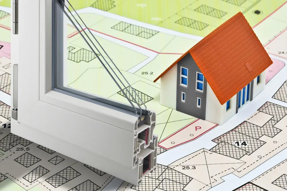 Profil de fenêtre en PVC avec vitrage isolant posé sur un plan de maison