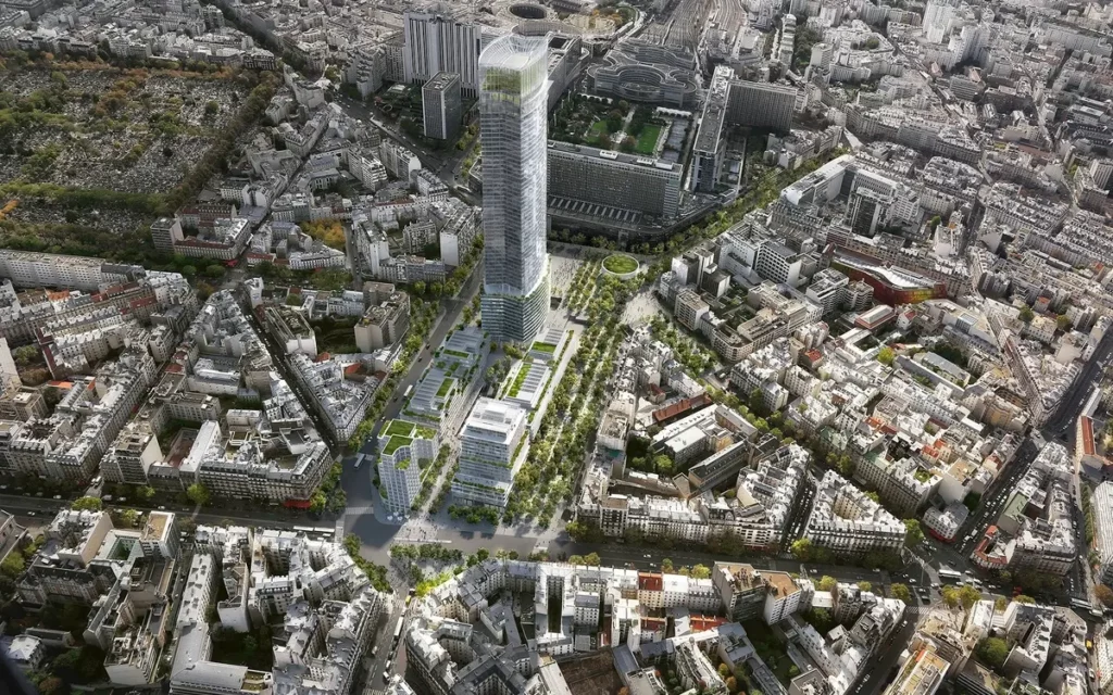 Rendu architectural du projet de rénovation de la tour Montparnasse à Paris en 2026, nouvelle façade vitrée