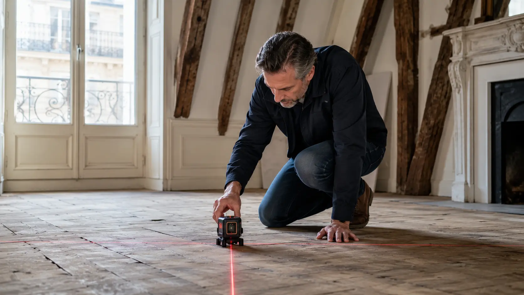 Diagnostic structure avant ragréage : pourquoi c'est indispensable? 1 Ingénieur bureau d'études réalisant un diagnostic de structure avant ragréage sur plancher bois ancien, appartement parisien