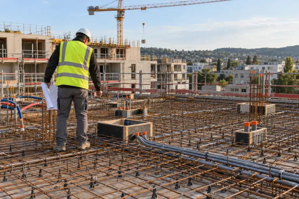 Dalle en béton armé en cours de ferraillage, réservations et fourreaux posés d'après les études d'exécution