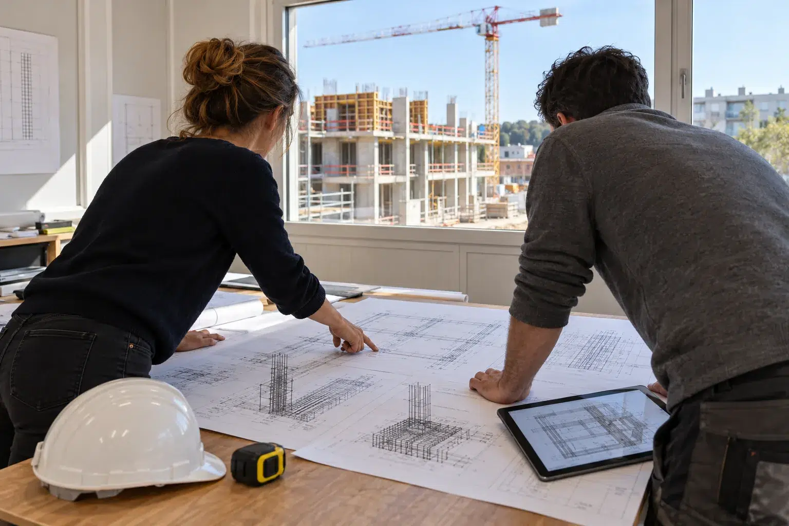Études d'exécution : architecte et ingénieur relisent les plans d'exécution de ferraillage dans le bureau de chantier