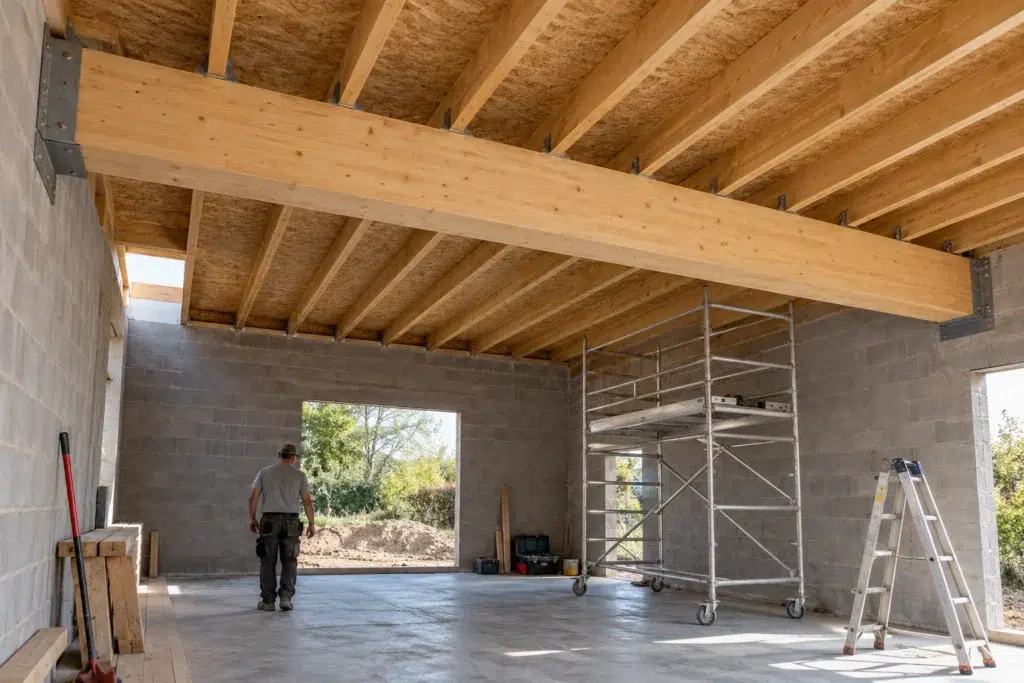 Poutre en bois lamellé-collé de grande portée posée sur ses appuis métalliques dans une extension de maison en chantier